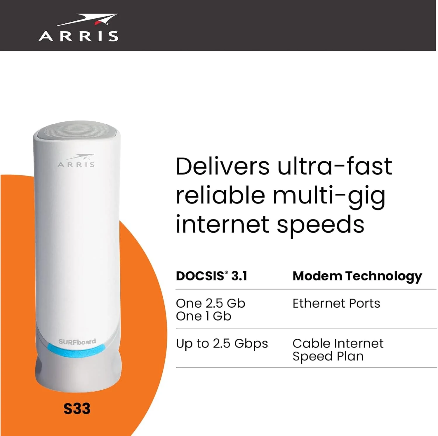 Arris S33 SURFboard Cable Modem DOCSIS 3.1 Multi-Gigabit WiFi Max Internet Speed 2.5 Gbps - Certified Refurbished - Image 10