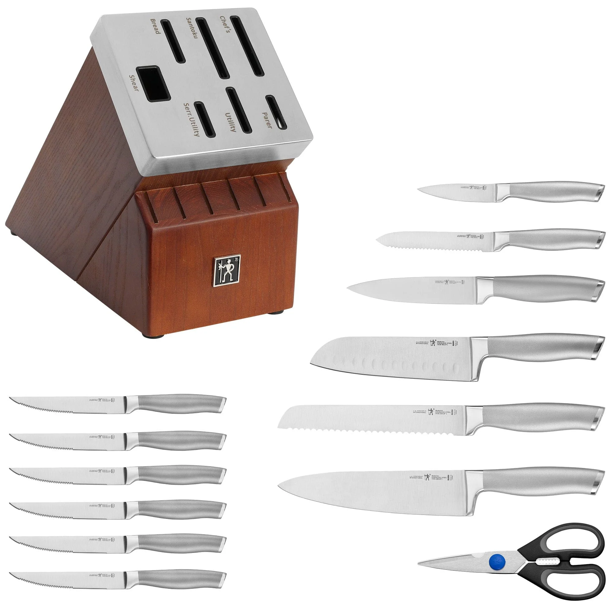Henckels Modernist 14-pc Self-Sharpening Knife Set with Block, Chef, Paring, Bread, Steak, Dark Brown, Stainless Steel, Walnut - Image 6